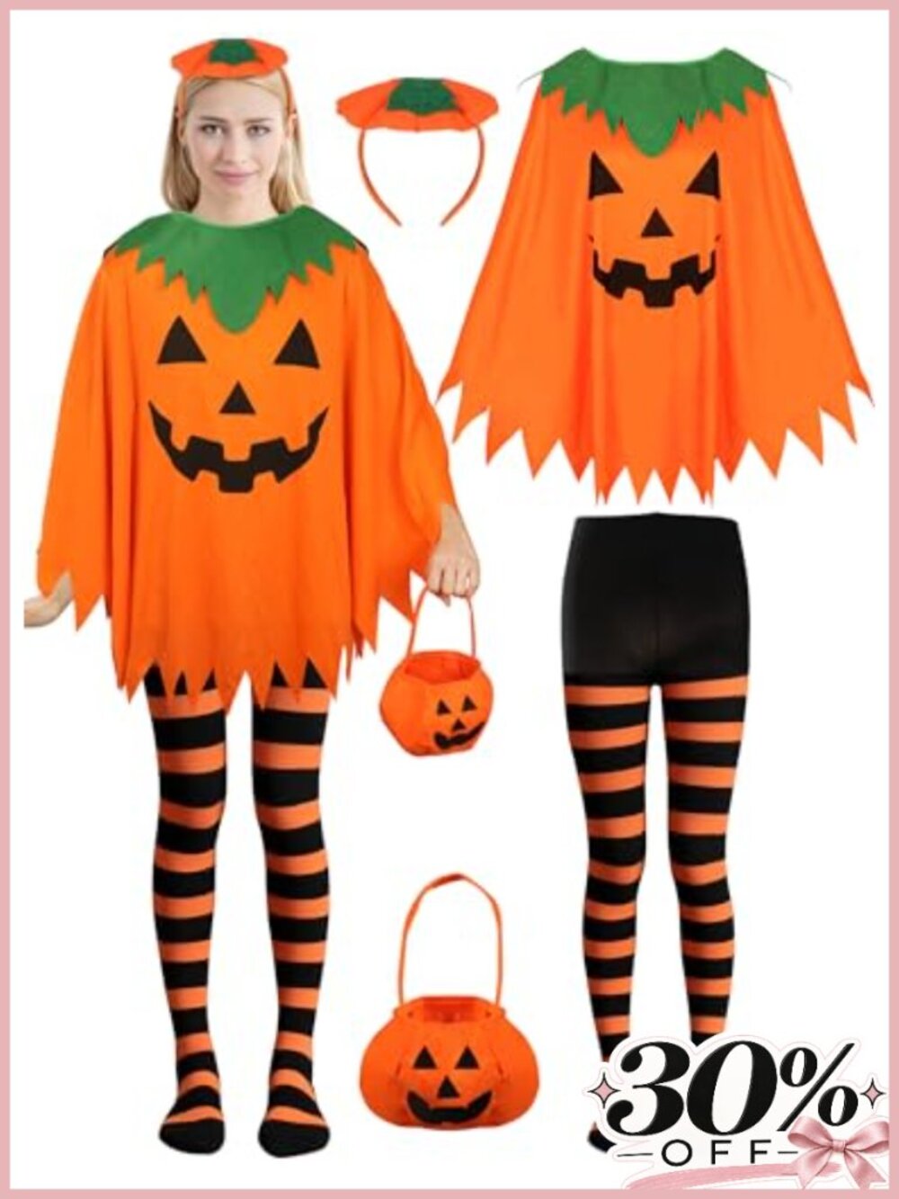 Women's Halloween Pumpkin Costume Set with Poncho, Tights, Headband, Bag